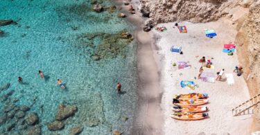 milos greece september 10 2015 top view of canoes at tsigrado beach in milos island cyclades