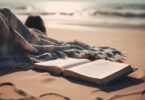 reading bible sandy beach sunset generated by ai